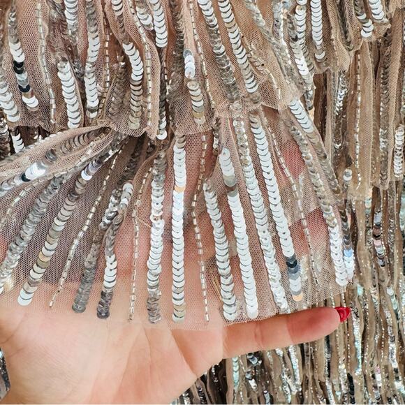 NEW MAC DUGGAL Silver Sequin Fringe Tiered Tank Ruffle Beige $698 Mini Dress 2 - Picture 12 of 13